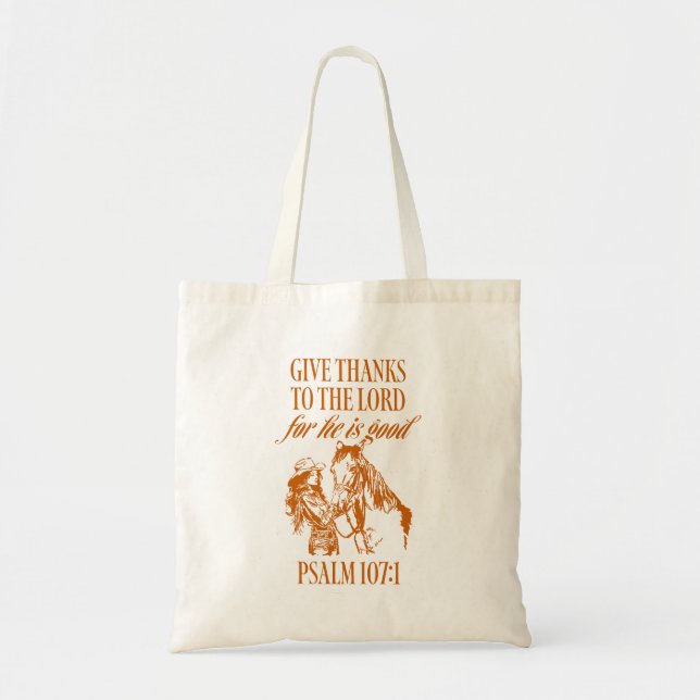Western Cowgirl Psalm 107:1 Tote Bag Tygkasse (Framsidan)