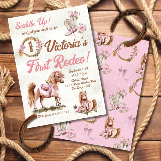 Western Cowgirl Rodeo Rosa Bow Pony Birthday Inbjudningar (Skapare uppladdad)