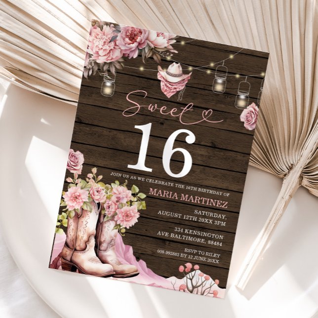 Western Cowgirl Rosa Blommigt Wood Sweet 16 Birthd Inbjudningar (Skapare uppladdad)