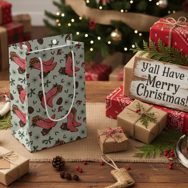 Western Cowgirl-Rosa och -Grönt (Sage Green Western Christmas Pink & Red Cowgirl Boots, Pinecones & Berries. Cute Rustic Boot Pattern)