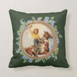 Western Cowgirlhäst för vintage med repblommor Kudde