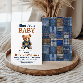 Western Denim Patchwork Bear Blue Jean Baby Shower Inbjudningar