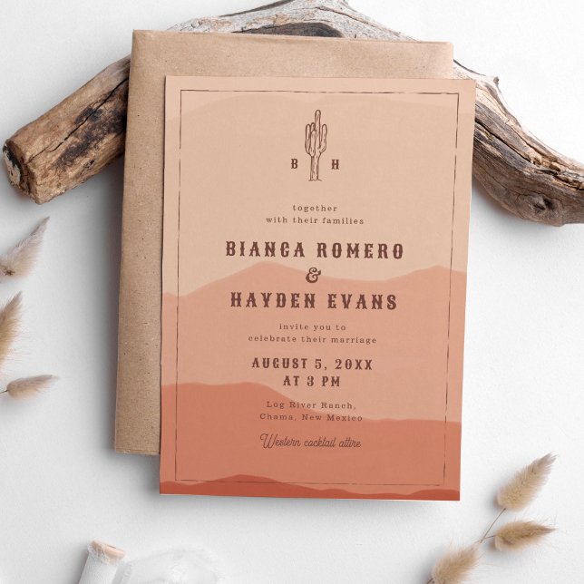 Western Desert Cactus Boho Westerna Bröllop Inbjudningar (burnt orange desert landscape wedding invitation with cactus illustration)