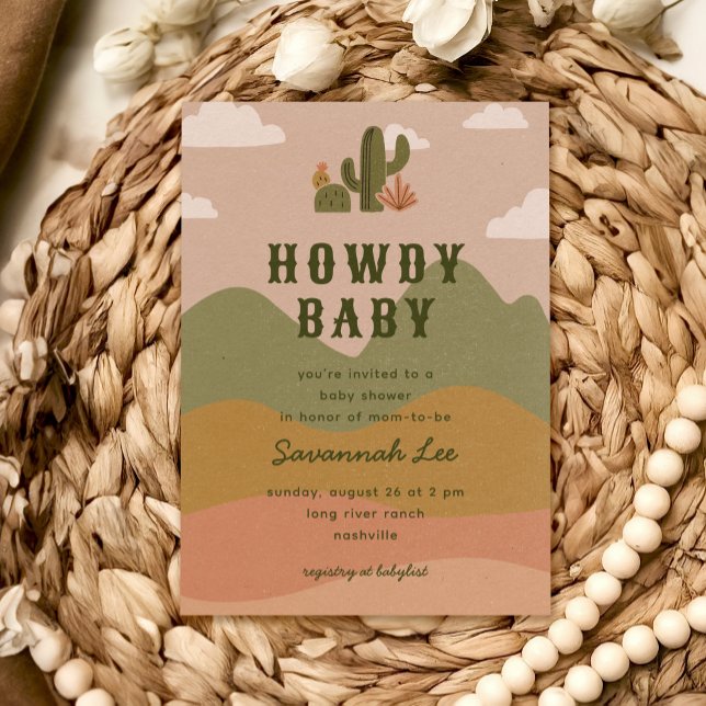 Western Desert Kaktus Howdy Babyfirande Inbjudningar (Desert-themed baby shower invitation with cute cacti illustrations)