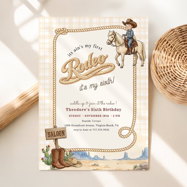 Western Desert Pojke Plaid Cowboy Rodeo 6-årsdag Inbjudningar (Skapare uppladdad)