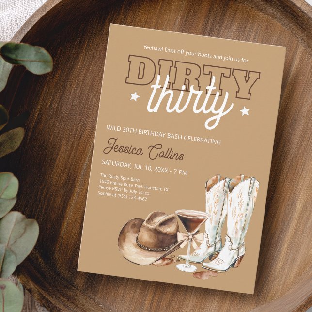 Western Dirty tretty Cowgirl 30års födelsedag Part Inbjudningar (Western Dirty Thirty Cowgirl 30th Birthday Party Invitation for Her)