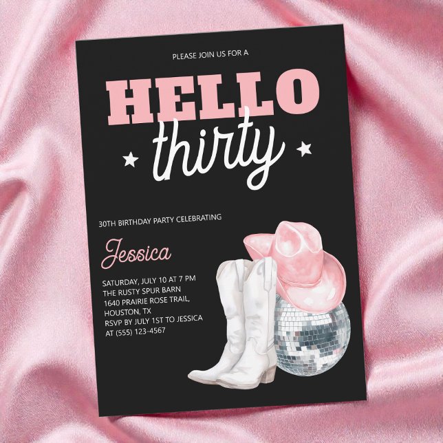 Western Disco Svart Trettio 30-årsfest Inbjudningar (Western Disco Black Thirty 30th Birthday Party Invitation)