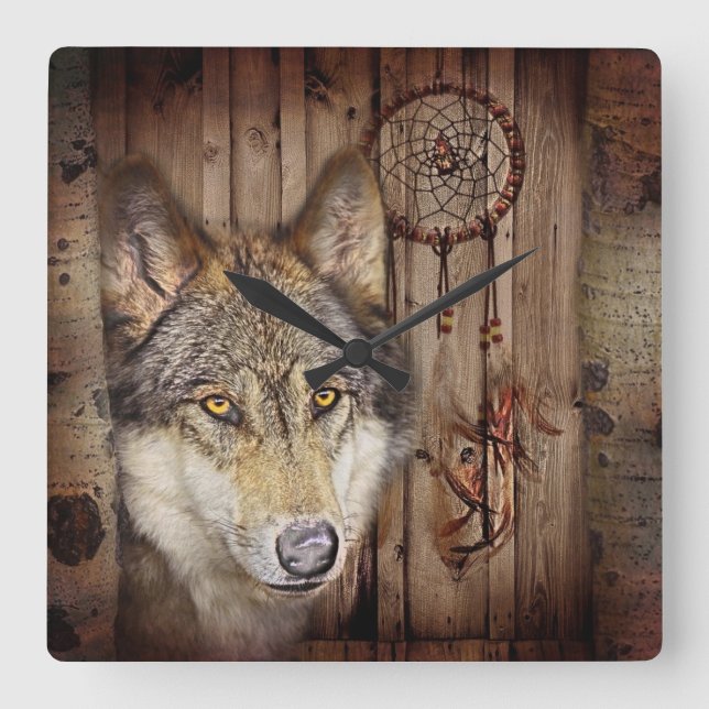 Western dröm catcher den inhemska indian-vargen fyrkantig klocka (Framsida)