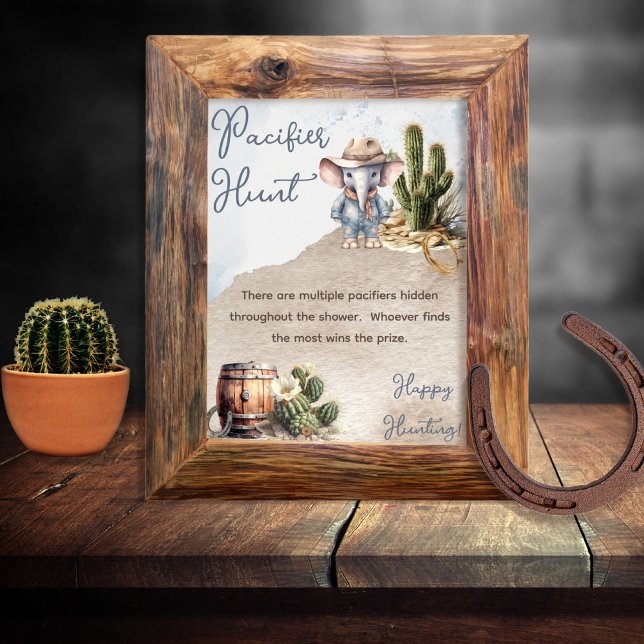 Western elefant, barnskötare Nappar Hunt Poster (Rustic Western Elephant Cowboy Boy Baby Shower "Pacifier Hunt" Sign --  in print and/or download)