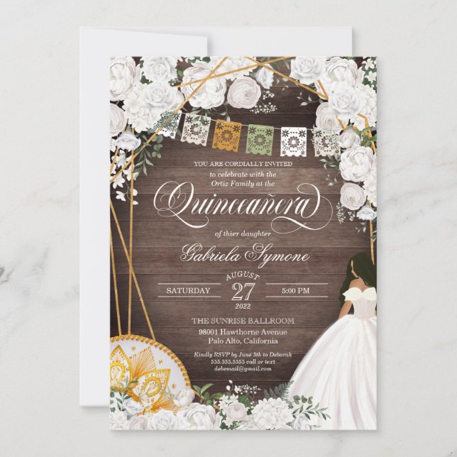 Western Elegant för vit Blommigt Karro Quinceanera Inbjudningar (Framsida)