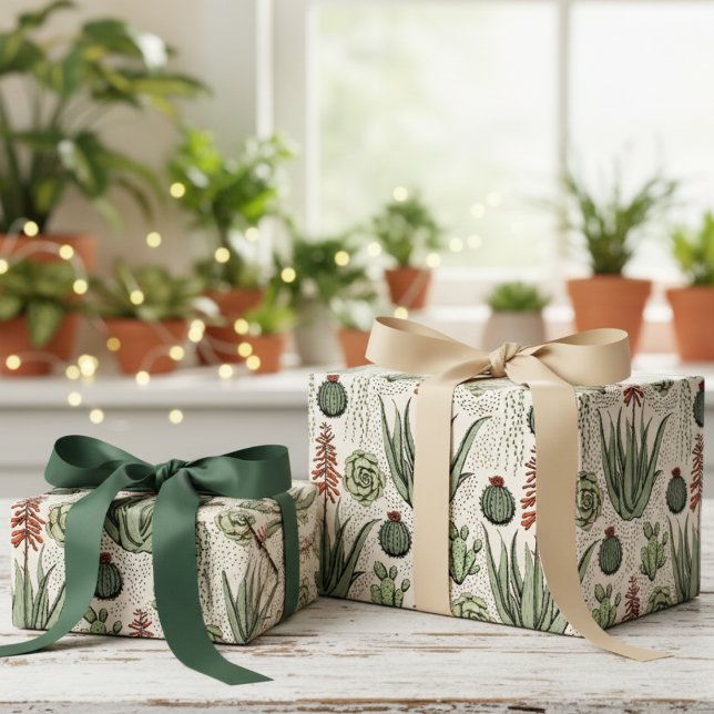 Western Elfenbenskusten-ökenkakti och ulver Presentpapper (Colorful Aloe Vera Plant & Green Succulents Wrapping Paper. Floral Nature Green Cacti Desert Pattern)