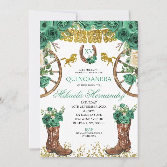 Western Emerald Grönt Charra Quinceanera-inbjudan Inbjudningar (Framsida)