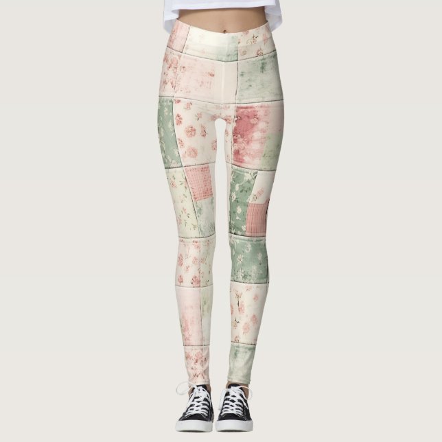 Western Farm Mint Rosa Blommiga Quiltmönster Leggings (Framsida)
