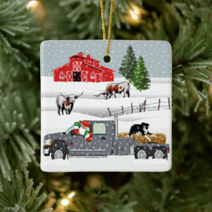 Western Farm Ranch Santa Cattle and Hund Julgransprydnad Keramik