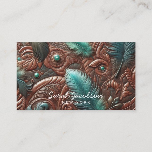 Western Faux Brown Leather Tooled Teal Feathers  Visitkort (Framsida)
