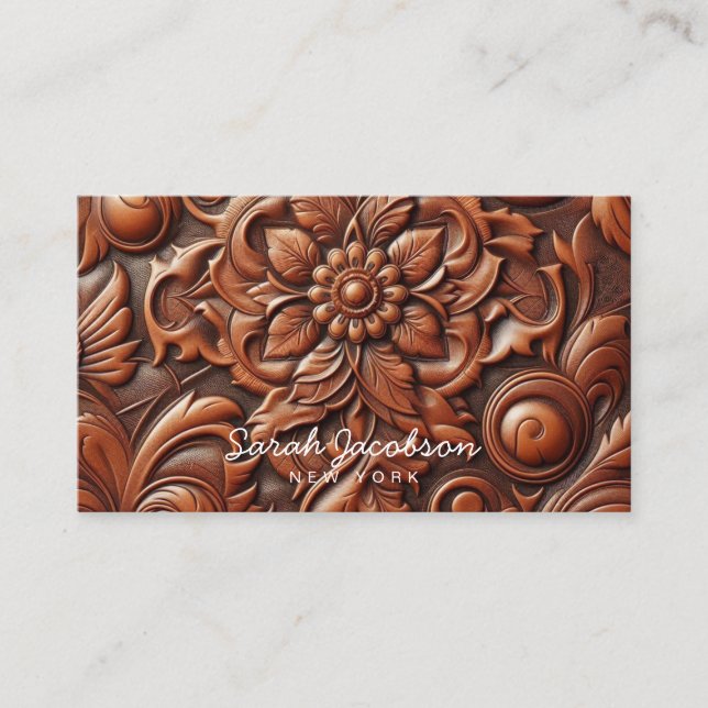 Western Faux Brown Leather Tooled Visitkort (Framsida)