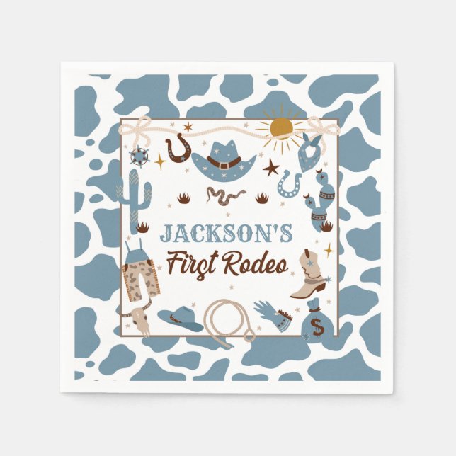 Western First Rodeo Boy 1st Birthday Blue Napkin Pappersservett (Framsidan)