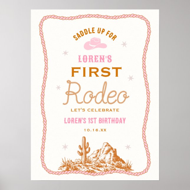 Western First Rodeo Cowgirl 1st Birthday Welcome Poster (Framsidan)