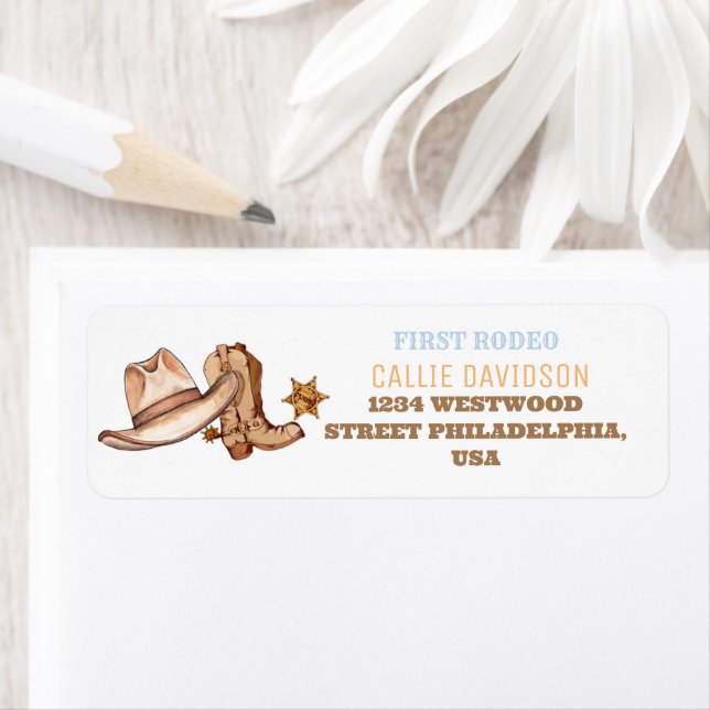 Western First Rodeo Födelsedagsfest Boy Returadress Etikett (Insitu)