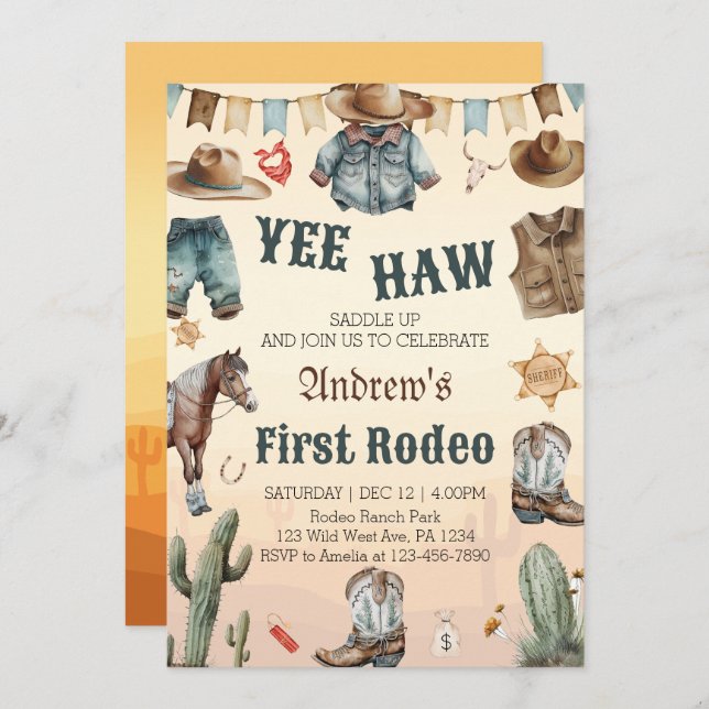 Western First Rodeo Vilda western Cowboy Birthday Inbjudningar (Fram/baksida)