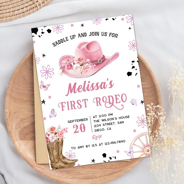 Western First Rodeo Vilda western Cowgirl Birthday Inbjudningar (Skapare uppladdad)