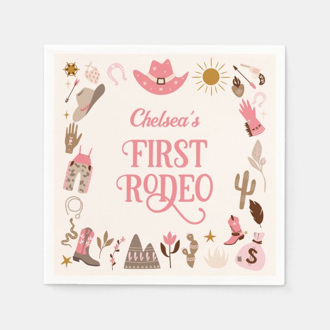 Western First Rodeo Wildwest Cowgirl Rosa Birthday Pappersservett (Framsidan)