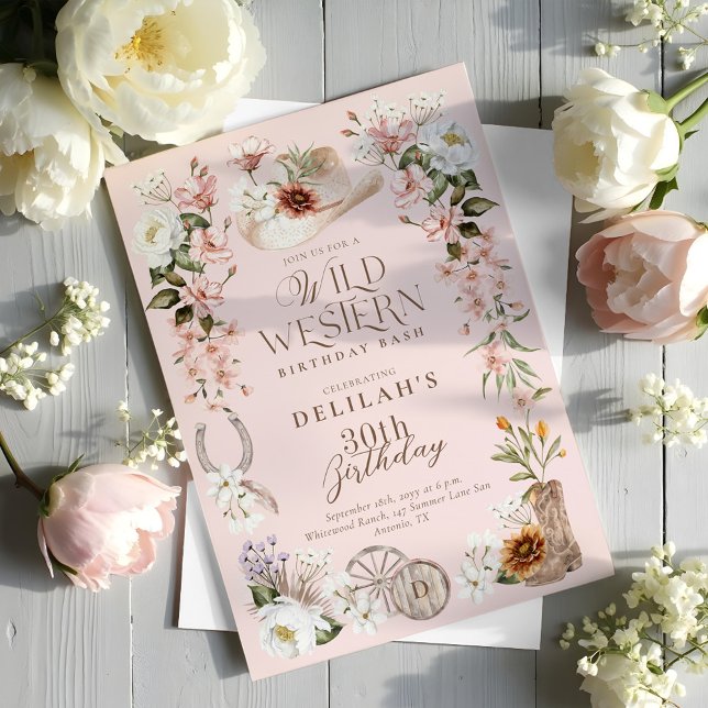 Western födelsedagsfärgad Blommigt av vattenfärg Inbjudningar (Western Birthday Bash Watercolor Floral Cowgirl Invitation)