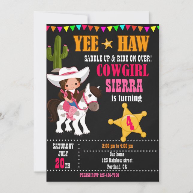 Western födelsedagsfest på Cowgirl-födelsedagsinbj Inbjudningar (Framsida)