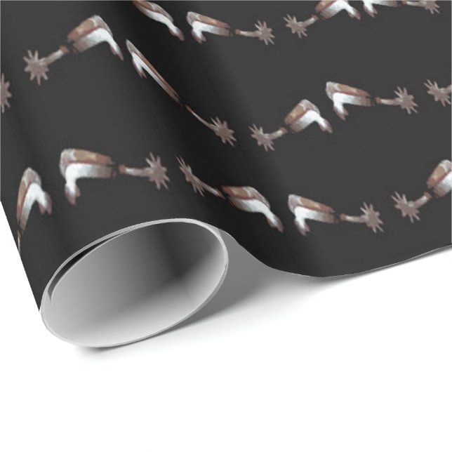 Western gift Wrap Silver Spurs on Black Presentpapper (Rullad Hörn)