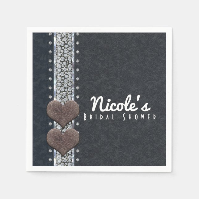 Western Glam Black Leather & Diamonds Bling Party Pappersservett (Framsidan)