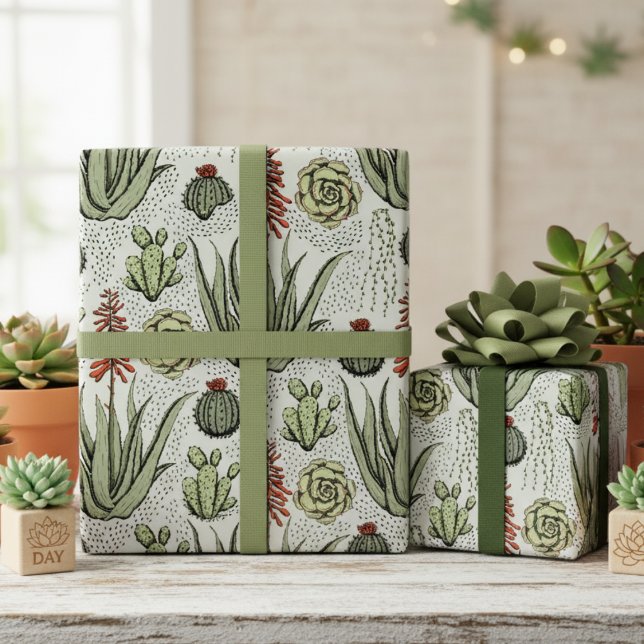 Western Grönt Desert Cacti och Succulents Presentpapper (Elegant Sage Green Succulent & Greenery Birthday Wrapping Paper 4 Plant Lover. Desert Cacti Pattern)