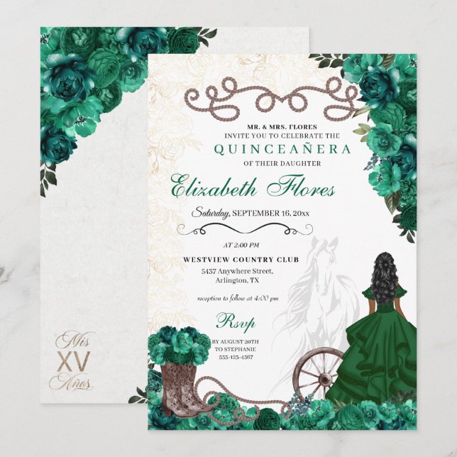 Western Grönt Princess Blommigt Charra Quinceañera Inbjudningar (Fram/baksida)