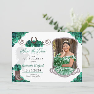 Western Grönt Quinceañera Spara datumfoto Inbjudningar