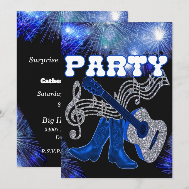 Western guitar och blombollar i land inbjudningar (Fram/baksida)