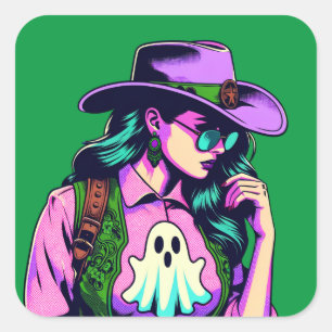 Western Halloween Cowgirl Ghost Pop Art Stickers Fyrkantigt Klistermärke