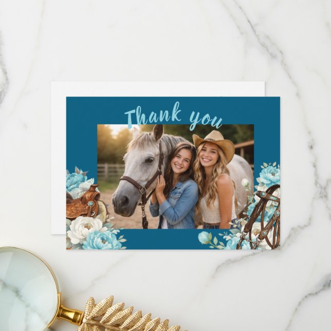Western Horse Birthday Thank You Card – Navy Tack Kort (Fram/Back In Situ)