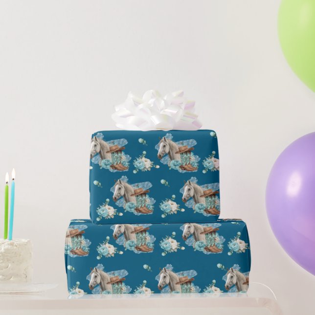 Western Horse Birthday Wrapping Paper – Navy Presentpapper (Festgåvor)