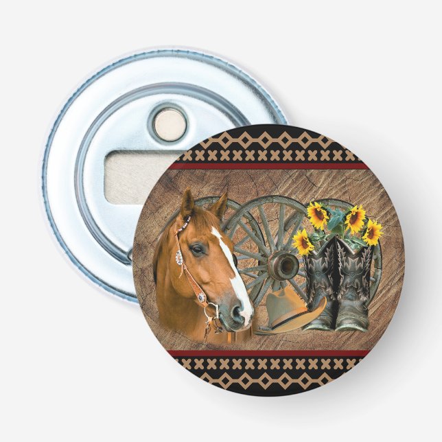 Western Horse Cowboy Boots Cowboy Hat Wagon Wheel Flasköppnare (Framsidan)