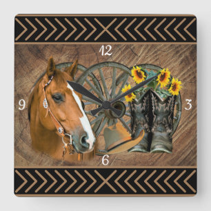 Western Horse Cowboy Boots Cowboy Hat Wagon Wheel  Fyrkantig Klocka