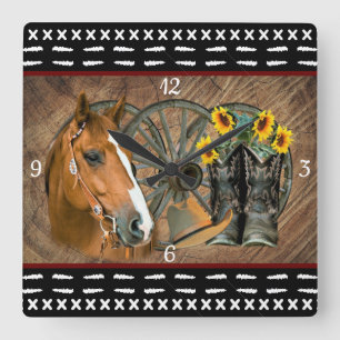 Western Horse Cowboy Boots Cowboy Hat Wagon Wheel Fyrkantig Klocka