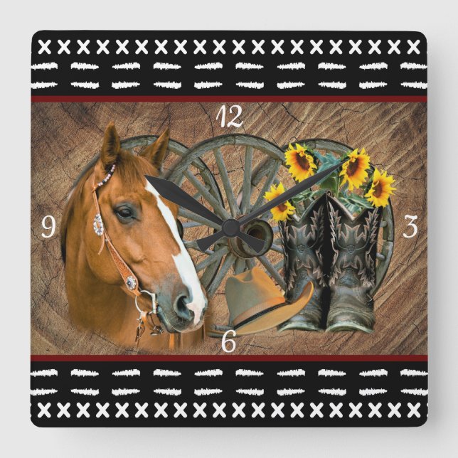 Western Horse Cowboy Boots Cowboy Hat Wagon Wheel Fyrkantig Klocka (Framsida)