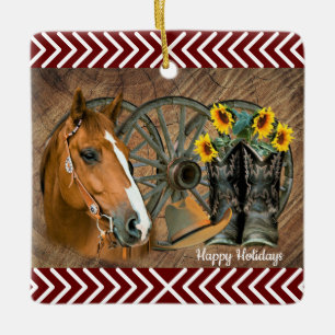 Western Horse Cowboy Boots Cowboy Hat Wagon Wheel Julgransprydnad Keramik