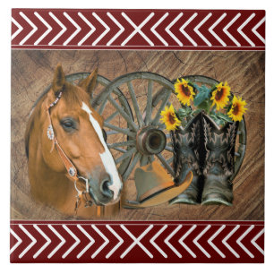 Western Horse Cowboy Boots Cowboy Hat Wagon Wheel Kakelplatta