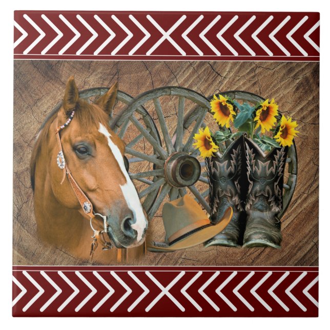 Western Horse Cowboy Boots Cowboy Hat Wagon Wheel Kakelplatta (Framsidan)