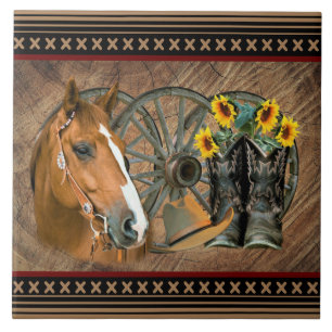 Western Horse Cowboy Boots Cowboy Hat Wagon Wheel Kakelplatta