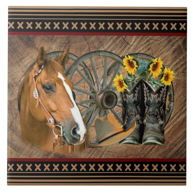 Western Horse Cowboy Boots Cowboy Hat Wagon Wheel Kakelplatta (Framsidan)