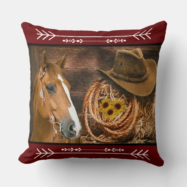 Western Horse Cowboy Boots Cowboy Hat Wagon Wheel Kudde (Framsida)