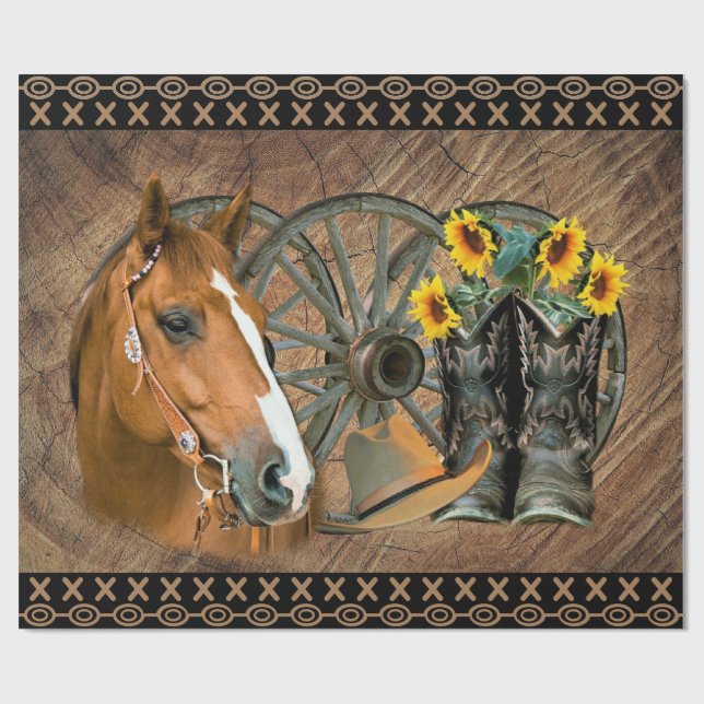 Western Horse Cowboy Boots Cowboy Hat Wagon Wheel Presentpapper (Platt)