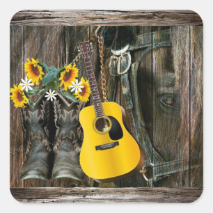 Western Horse Cowboystövlar Guitar Sunblommors Squ Fyrkantigt Klistermärke