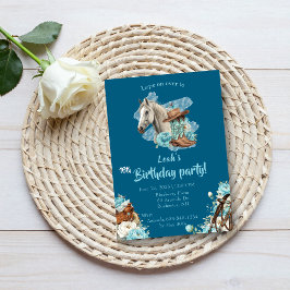 Western Horse Floral Birthday Invitation – Navy Inbjudningar